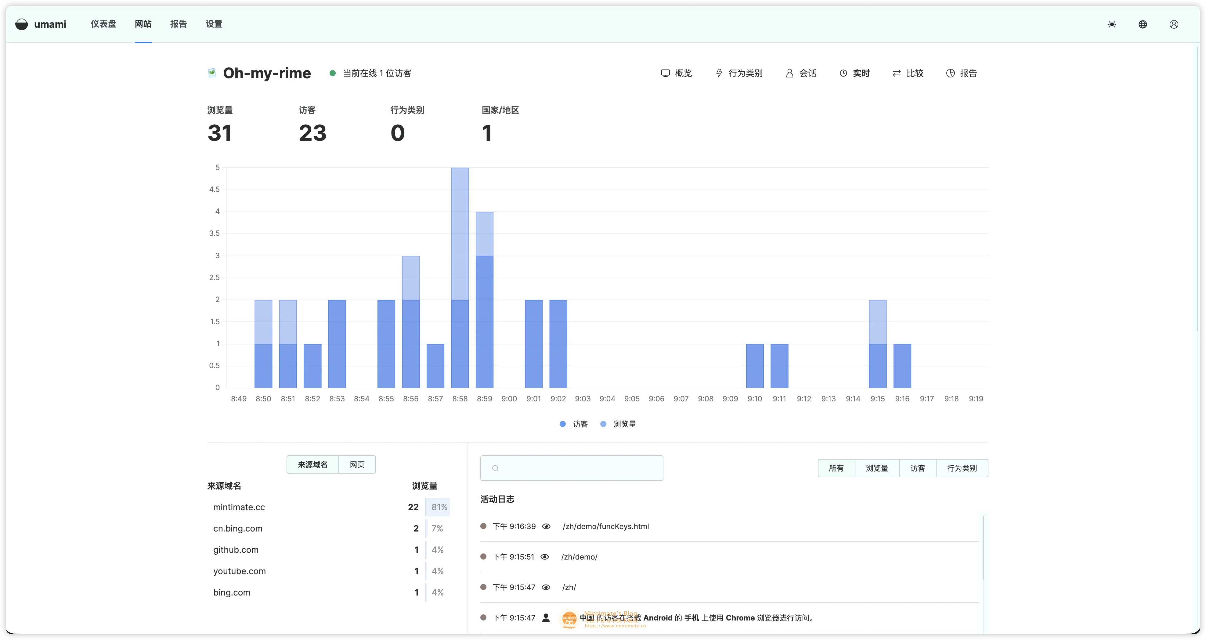 Umami 查看实时的访客数量、来源域名